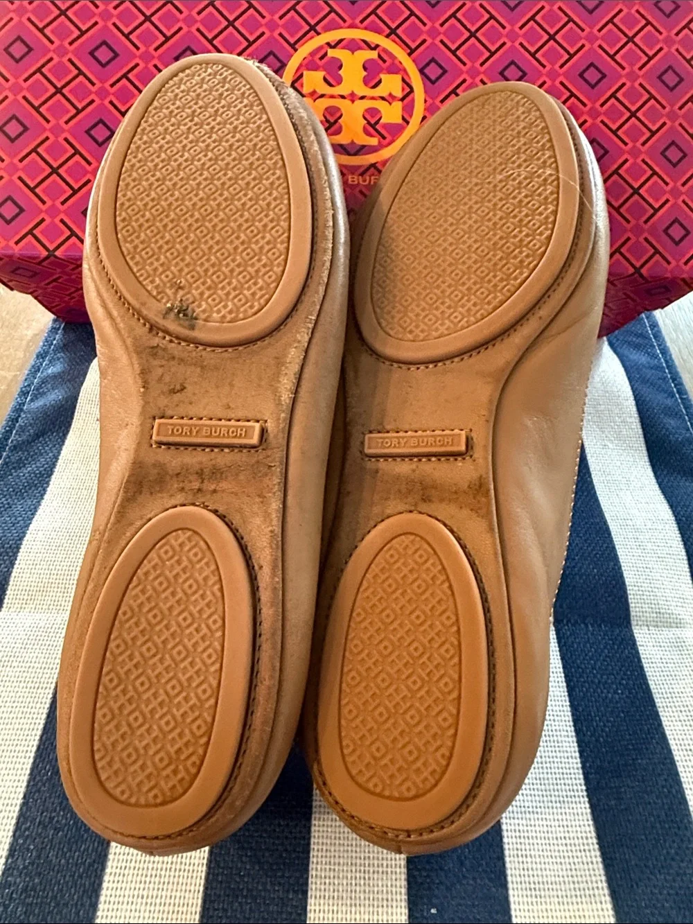 Tory Burch Royal Tan/Gold Leather Ballet Flats with Gold Logo Medallions